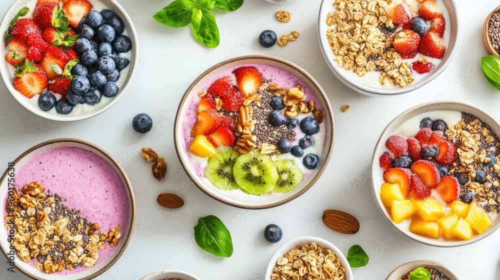 A clean and modern kitchen table set with various smoothie bowls, topped with fresh fruits, nuts, seeds, and granola. A clean and modern kitchen table set with various smoothie bowls, topped with fresh fruits, nuts, seeds, and granola.