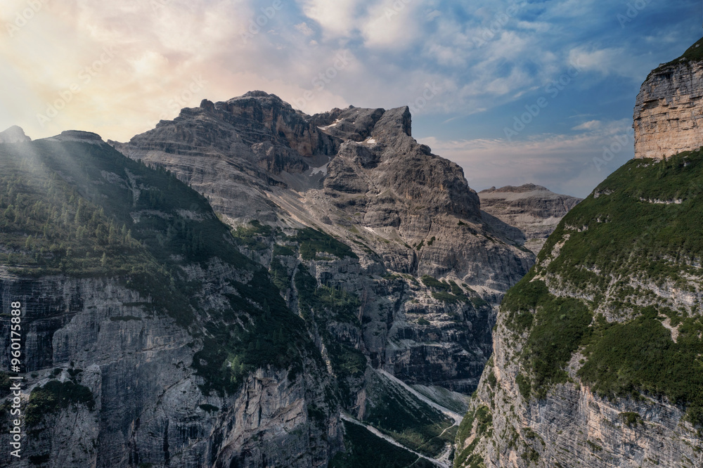 aerial view of the canyon of the val di funes veneto italy aerial view of the canyon of the val di funes veneto italy