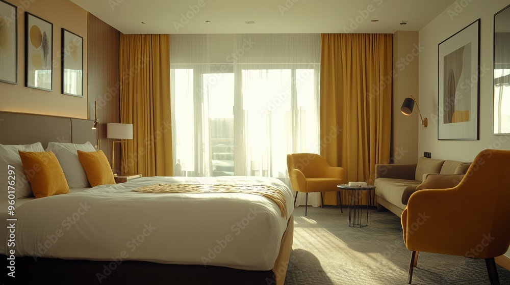 Modern Hotel Room Interior Design with Yellow Accents and Sunlight Modern Hotel Room Interior Design with Yellow Accents and Sunlight