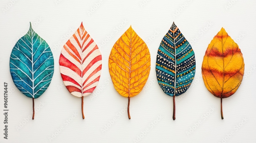 Fototapeta premium Colorful painted leaves arranged artistically, showcasing vibrant patterns and textures, perfect for nature and art themes.