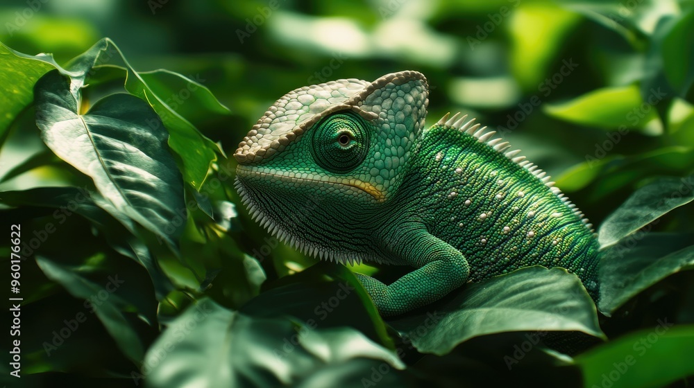 Obraz premium A close-up shot of a green chameleon blending into lush foliage, showcasing its camouflage skills among the leaves.