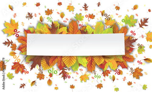 Weißer Papierzettel mit Herbstblättern und Prozentzeichen