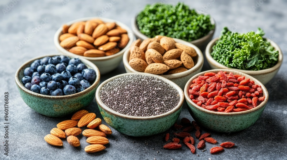 Fototapeta premium A colorful arrangement of superfoods, including chia seeds, goji berries, almonds, kale, and blueberries, displayed in small bowls.