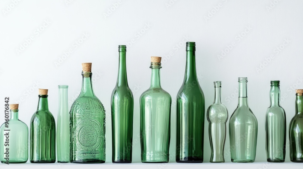 A collection of green glass bottles of various shapes and sizes, catching the light against a white background. A collection of green glass bottles of various shapes and sizes, catching the light against a white background.