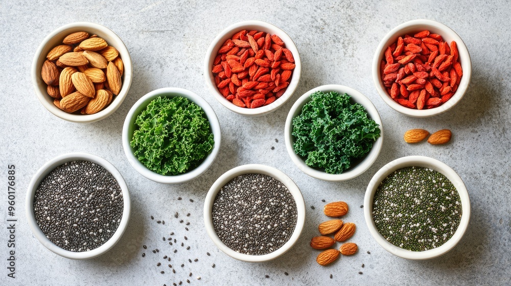 A colorful arrangement of superfoods, including chia seeds, goji berries, almonds, kale, and blueberries, displayed in small bowls. A colorful arrangement of superfoods, including chia seeds, goji berries, almonds, kale, and blueberries, displayed in small bowls.