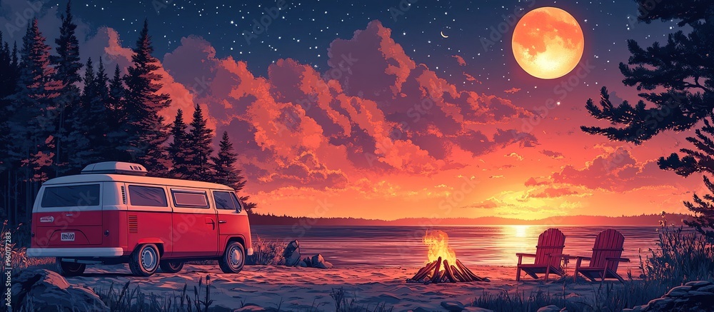 Camping Under a Full Moon by the Lake. A red and white van parked on a beach, with chairs next to it in a campfire. Artistic concept painting of a beautiful camping outdoor. AI generated image Camping Under a Full Moon by the Lake. A red and white van parked on a beach, with chairs next to it in a campfire. Artistic concept painting of a beautiful camping outdoor. AI generated image