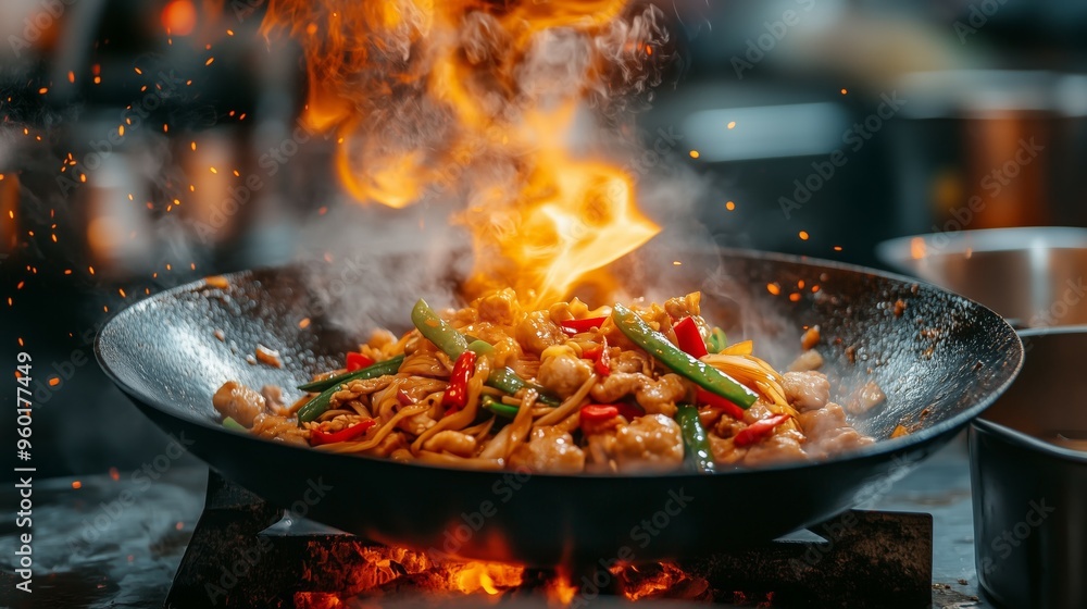 Stir fried Noodles and Chicken in a Wok with Flames and Smoke Stir fried Noodles and Chicken in a Wok with Flames and Smoke