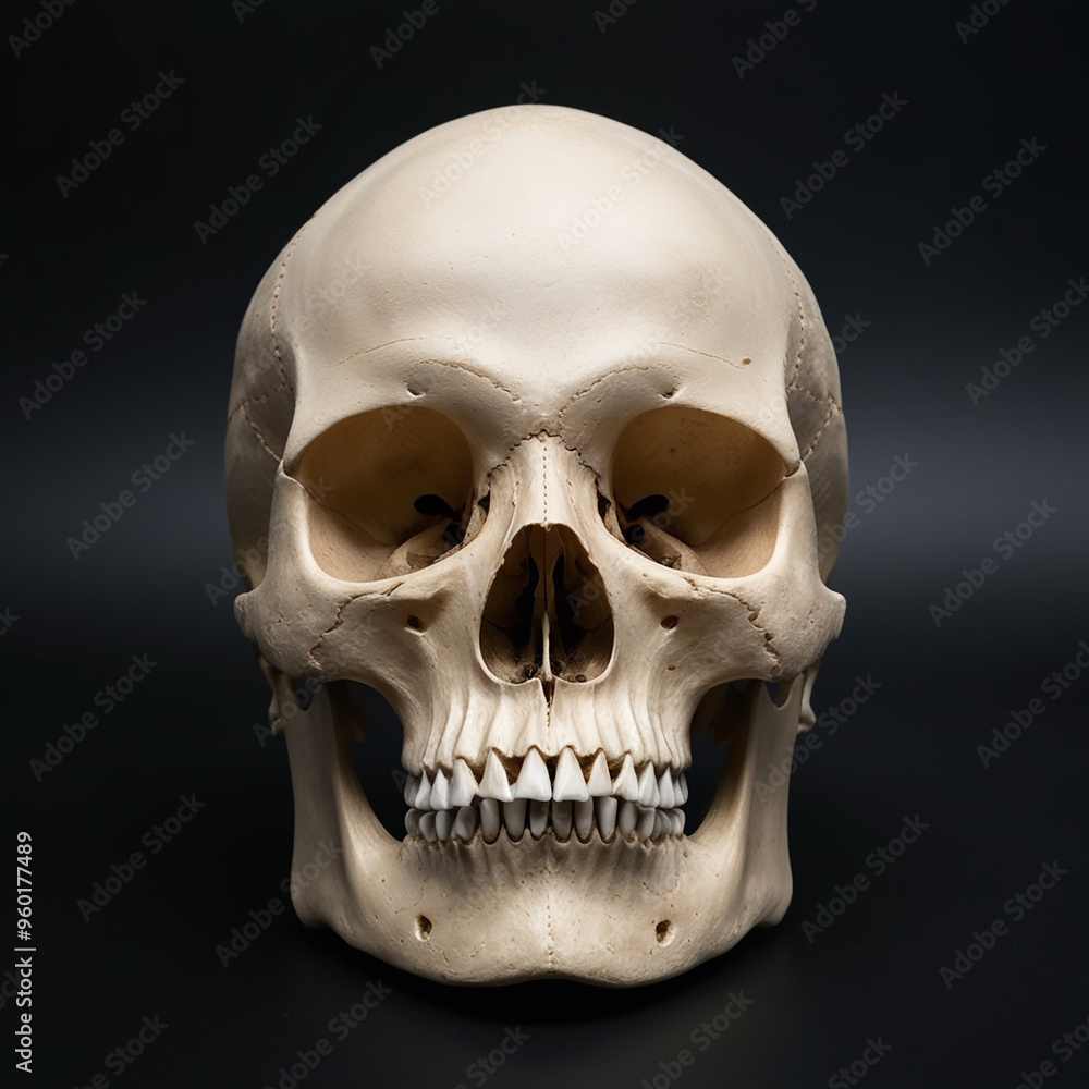 Fototapeta premium Front view of natural human skull on isolated black background