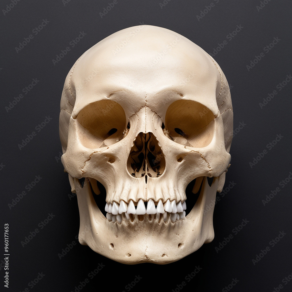 Front view of natural human skull on isolated black background Front view of natural human skull on isolated black background
