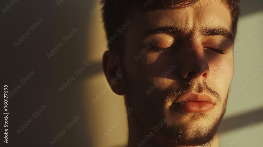 A young man with a beard and closed eyes is bathed in warm sunlight, casting soft shadows on his face. The serene expression reflects a peaceful moment, ideal for themes of relaxation and A young man with a beard and closed eyes is bathed in warm sunlight, casting soft shadows on his face. The serene expression reflects a peaceful moment, ideal for themes of relaxation and