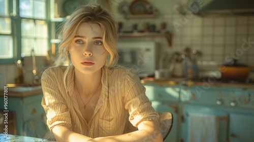 portrait of a woman sitting in the kitchen photo