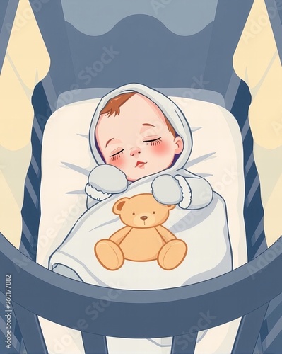 there is a baby sleeping in a crib with a teddy bear.