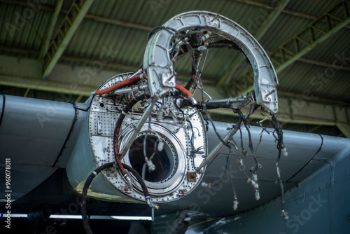 Broken airplane propeller of military transport aircraft