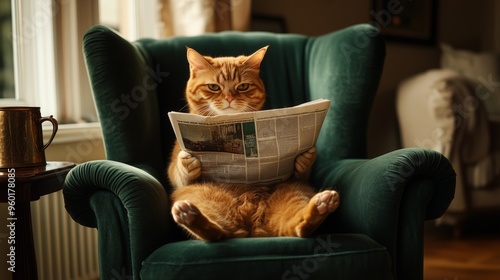 A ginger cat sitting comfortably on a dark green armchair and reading a newspaper, background cozy living room.