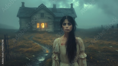 portrait of a woman who suffered violence against the background of an abandoned house photo