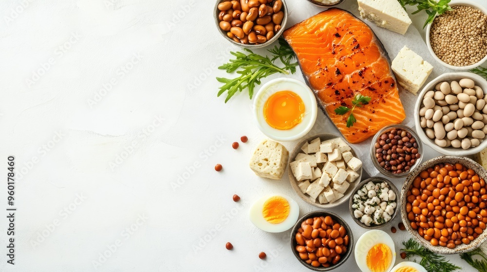A diverse selection of protein-packed foods, including grilled fish, boiled eggs, legumes, and tofu, arranged on a clean white surface. A diverse selection of protein-packed foods, including grilled fish, boiled eggs, legumes, and tofu, arranged on a clean white surface.