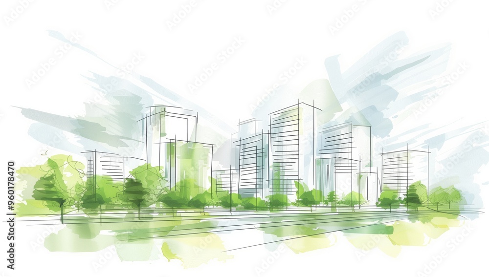 Fototapeta premium A simple sketch of urban green spaces and tall buildings, green watercolor on white background, vector illustration.