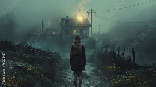 portrait of a woman who suffered violence against the background of an abandoned house