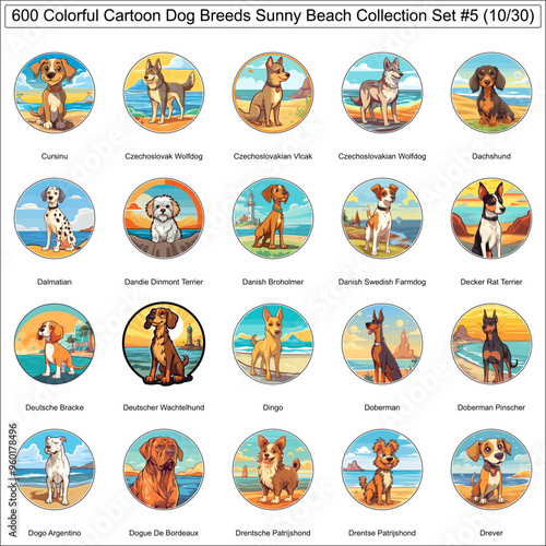 Colorful Dog Breeds Cartoon Characters Sunny Beach Bundle Collection Set 5 of 600 Dog Faces Isolated Part 10