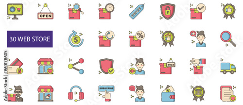 Web Store Icons Set.  online shopping, open, package, tracking, preorder, price, protection, ready stock, recommended, refund, return, sale, guaranteed, satisfied, customers. Vector Illustration
