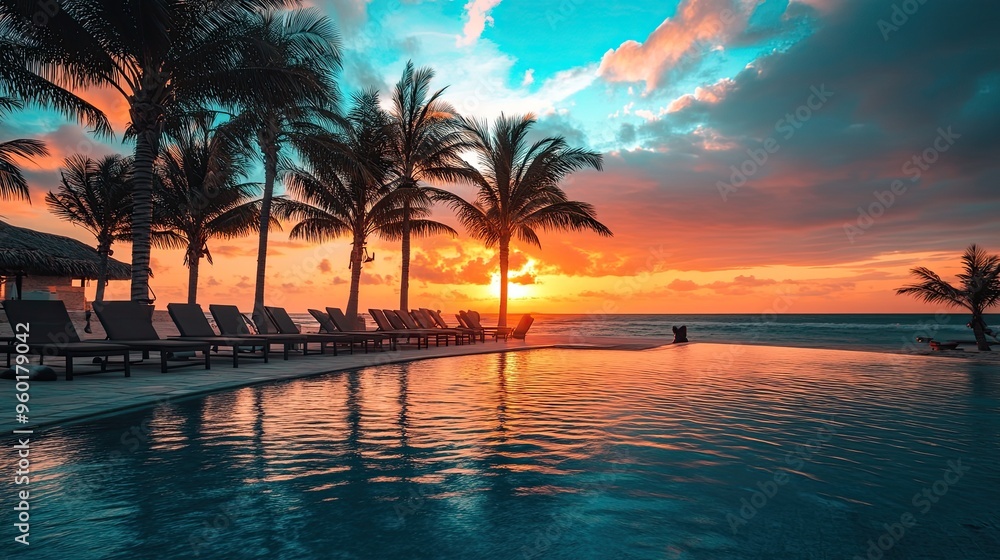 Obraz premium A tranquil sunset over a poolside with palm trees, evoking relaxation and leisure.