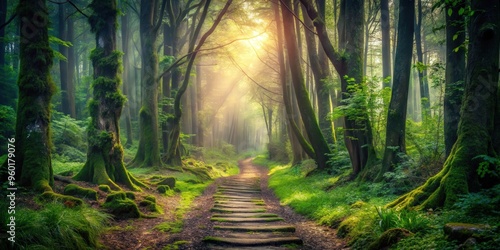 A mysterious forest path leading to an unknown adventure photo