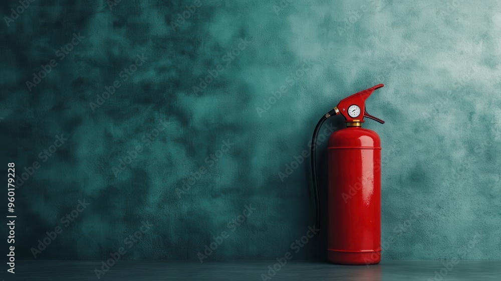 Obraz premium This image features a bright red fire extinguisher standing out prominently against a textured teal wall, merging functionality with vivid color contrast for visual appeal.
