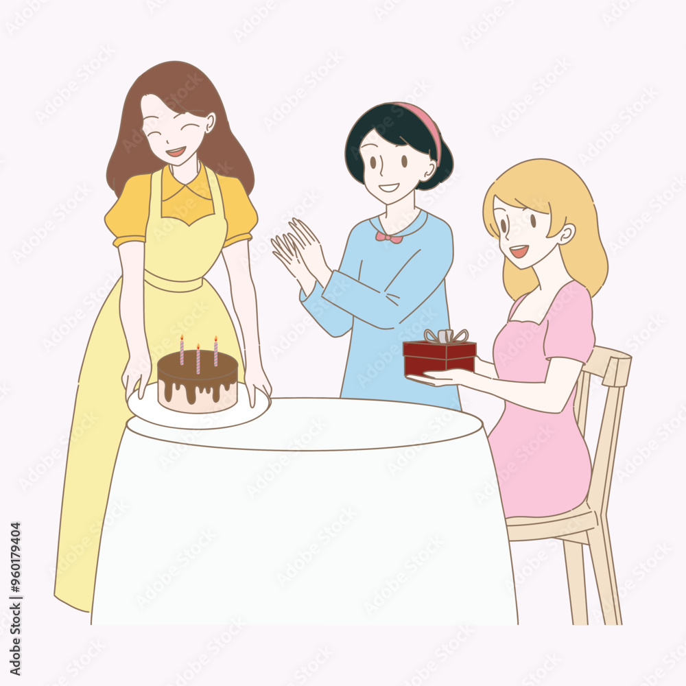 Happy young women with cake and gift box celebrating birthday, anniversary party. Hand drawn flat cartoon character vector illustration. Happy young women with cake and gift box celebrating birthday, anniversary party. Hand drawn flat cartoon character vector illustration.