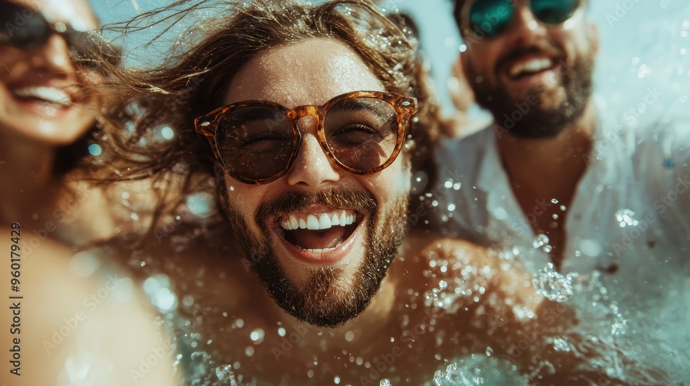 A group of friends smiling and laughing, wearing sunglasses, playing and splashing in the water. The image depicts carefree joy and the fun moments of friendship during summer. A group of friends smiling and laughing, wearing sunglasses, playing and splashing in the water. The image depicts carefree joy and the fun moments of friendship during summer.