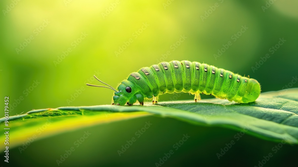 A green caterpillar crawling along a leaf, with its tiny feet gripping the surface, set against a blurred green backdrop. A green caterpillar crawling along a leaf, with its tiny feet gripping the surface, set against a blurred green backdrop.