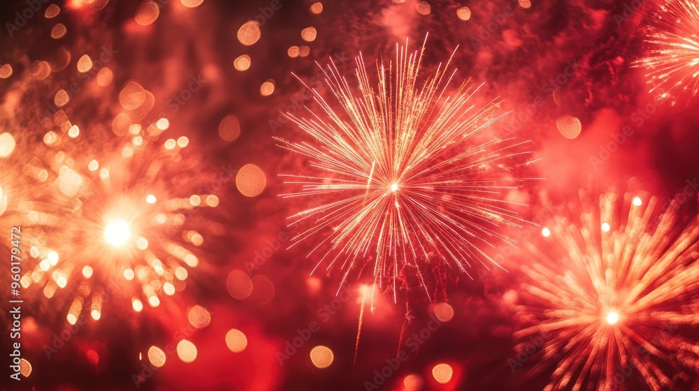 Red fireworks exploding in the night sky, capturing the excitement and celebration of a festival or holiday. Red fireworks exploding in the night sky, capturing the excitement and celebration of a festival or holiday.