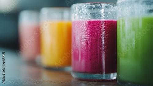 A collection of assorted glasses filled with colorful, fresh juices sits neatly on a table, encapsulating the concepts of health, freshness, and vibrant nutrition choices. photo