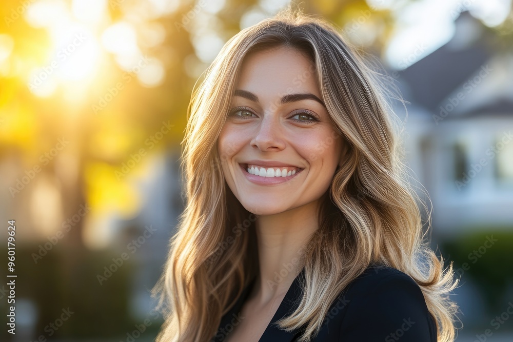 Smiling Real Estate Specialist with Property and Sunshine Smiling Real Estate Specialist with Property and Sunshine