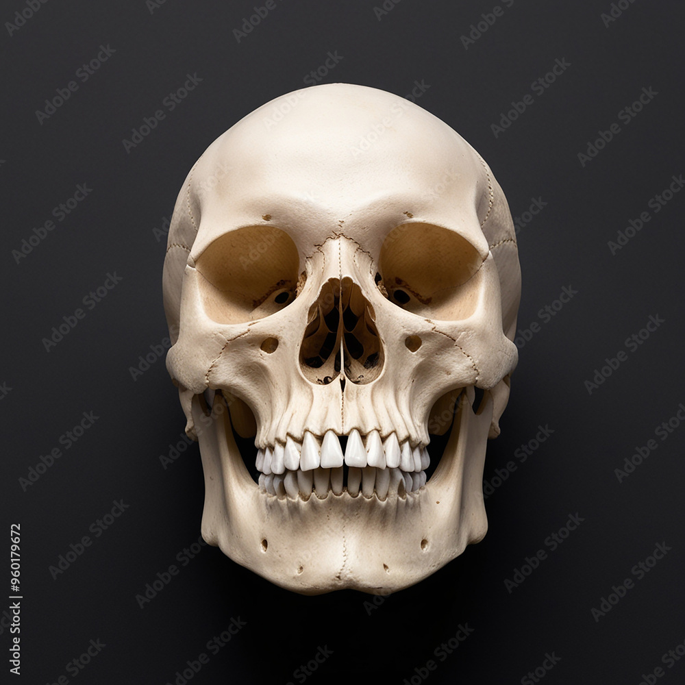 Fototapeta premium Front view of natural human skull on isolated black background