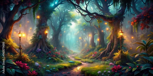 Enchanted dark forest with mystical atmosphere and vibrant foliage photo