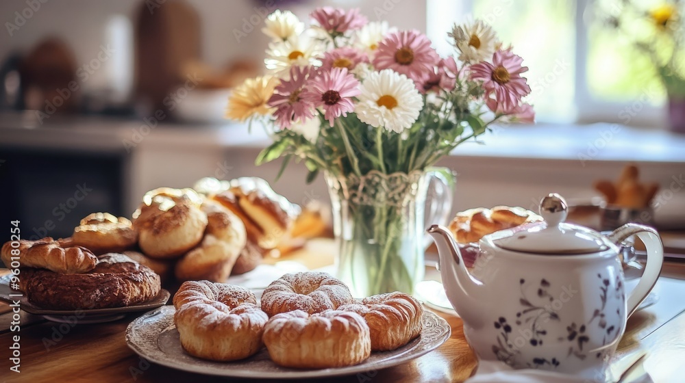 A kitchen table set with an assortment of pastries, a pot of coffee, and fresh flowers in a vase, creating a welcoming brunch setup. A kitchen table set with an assortment of pastries, a pot of coffee, and fresh flowers in a vase, creating a welcoming brunch setup.