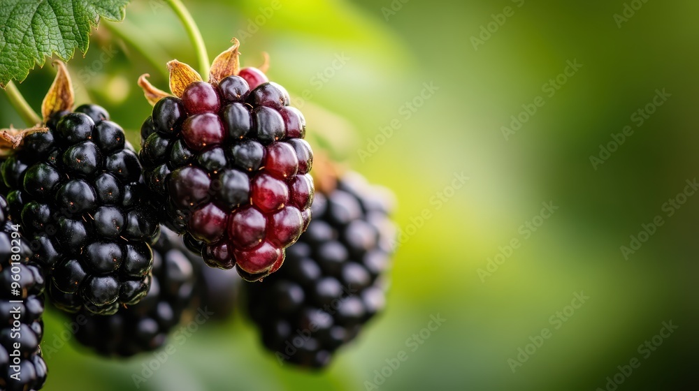 Close-up image of fresh blackberries hanging from the bush, showcasing the ripe, juicy fruits in a natural outdoor setting with lush green background foliage. Close-up image of fresh blackberries hanging from the bush, showcasing the ripe, juicy fruits in a natural outdoor setting with lush green background foliage.