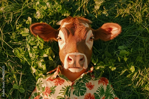 Fashionable Cow in Hawaiian Shirt Enjoying a Snack in the Field photo