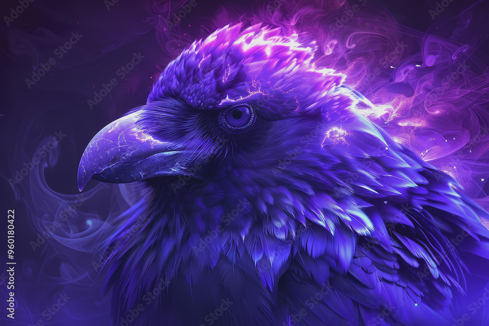Obraz premium Abstract image of a bird that looks spiritual The fur is bluish-purple. See the eyes.