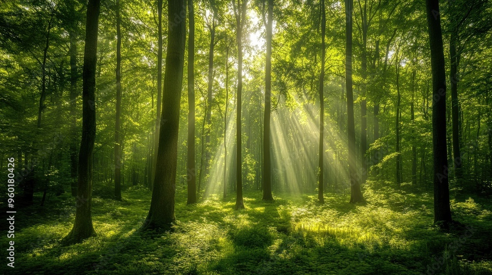 A lush green forest with towering trees and sunlight streaming through the leaves, casting dappled shadows on the forest floor. A lush green forest with towering trees and sunlight streaming through the leaves, casting dappled shadows on the forest floor.