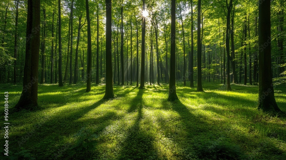 A lush green forest with towering trees and sunlight streaming through the leaves, casting dappled shadows on the forest floor. A lush green forest with towering trees and sunlight streaming through the leaves, casting dappled shadows on the forest floor.
