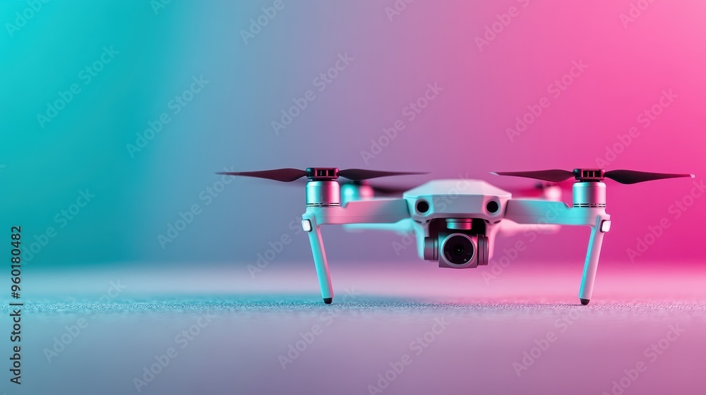 Low flying drone with vibrant pink and blue backdrop emitting a modern, high-tech vibe, embodying technological advancements and the intersection of art and innovation. Low flying drone with vibrant pink and blue backdrop emitting a modern, high-tech vibe, embodying technological advancements and the intersection of art and innovation.