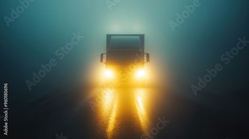 A truck's headlights pierce through dense fog on a dark road. photo