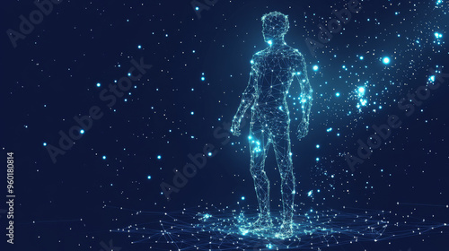 Low poly wireframe depiction of a classically proportioned man. Vector illustration with a starry sky or cosmic theme, featuring a structure made of points, lines, and shapes with celestial.