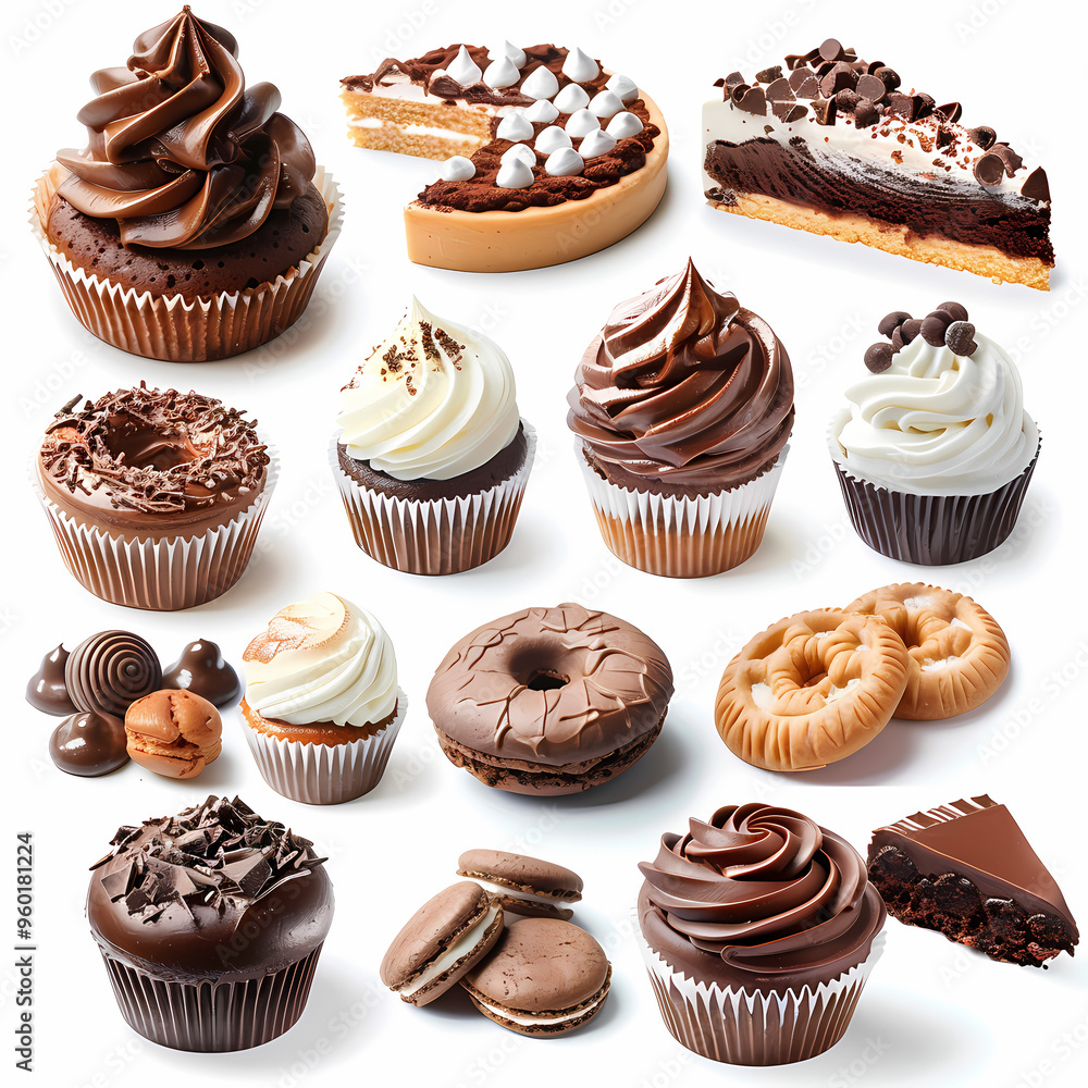 Various of sweets and desserts set and collection. chocolate cake, cupcakes, red velvet cake, apple pie, macarons, pretzel, donut, pastries, muffin, cookies, croissant. Bakery sweets isolated on white Various of sweets and desserts set and collection. chocolate cake, cupcakes, red velvet cake, apple pie, macarons, pretzel, donut, pastries, muffin, cookies, croissant. Bakery sweets isolated on white