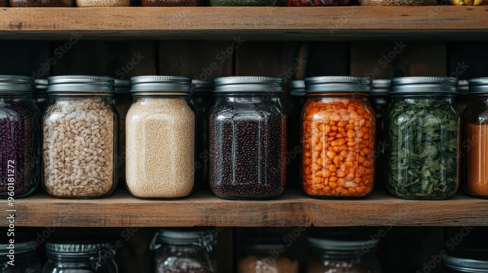 A variety of pantry items, such as grains and legumes stored in glass jars, are neatly arranged on rustic wooden shelves, showcasing a well-organized pantry space. A variety of pantry items, such as grains and legumes stored in glass jars, are neatly arranged on rustic wooden shelves, showcasing a well-organized pantry space.