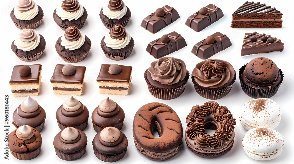 Various of sweets and desserts set and collection. chocolate cake, cupcakes, red velvet cake, apple pie, macarons, pretzel, donut, pastries, muffin, cookies, croissant. Bakery sweets isolated on white Various of sweets and desserts set and collection. chocolate cake, cupcakes, red velvet cake, apple pie, macarons, pretzel, donut, pastries, muffin, cookies, croissant. Bakery sweets isolated on white