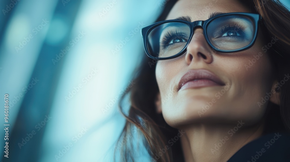 A woman with glasses looks upwards confidently in an indoor setting. The environment seems urban and modern, emphasizing ambition and intelligence. A woman with glasses looks upwards confidently in an indoor setting. The environment seems urban and modern, emphasizing ambition and intelligence.