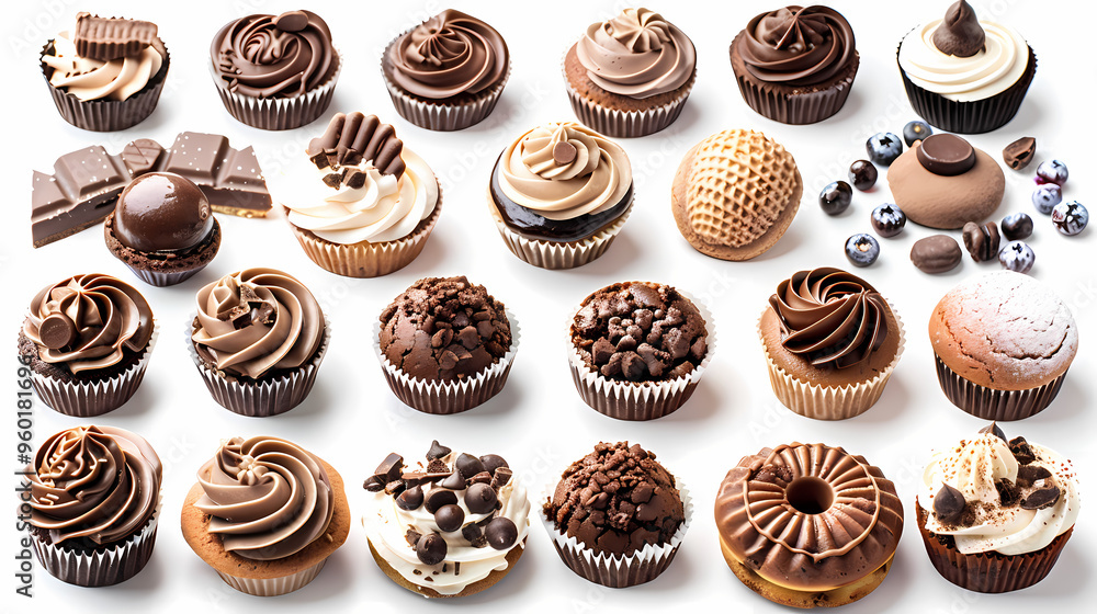 Various of sweets and desserts set and collection. chocolate cake, cupcakes, red velvet cake, apple pie, macarons, pretzel, donut, pastries, muffin, cookies, croissant. Bakery sweets isolated on white Various of sweets and desserts set and collection. chocolate cake, cupcakes, red velvet cake, apple pie, macarons, pretzel, donut, pastries, muffin, cookies, croissant. Bakery sweets isolated on white