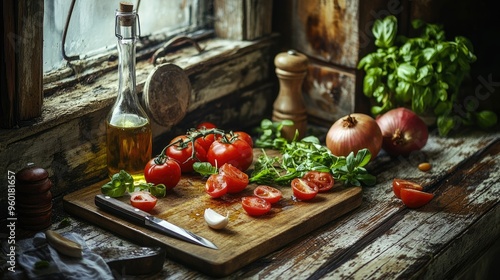 A rustic kitchen table with a cutting board, freshly chopped vegetables, a knife, and a bottle of olive oil, ready for cooking. photo